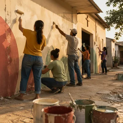 Volunteers Painting Community Wall in Afternoon Light