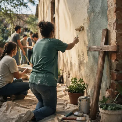 Volunteers Painting Community Hall Wall