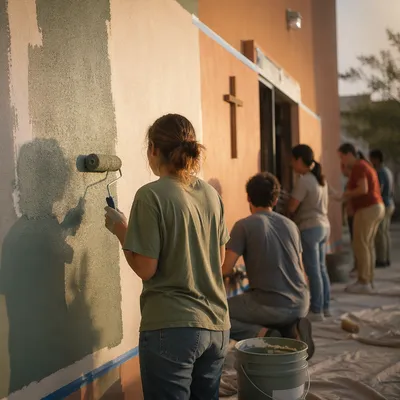 Volunteers Painting Community Wall in Fellowship