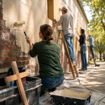 Church Volunteers Painting Community Center Wall
