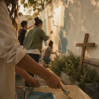 Volunteers Painting Community Wall Together