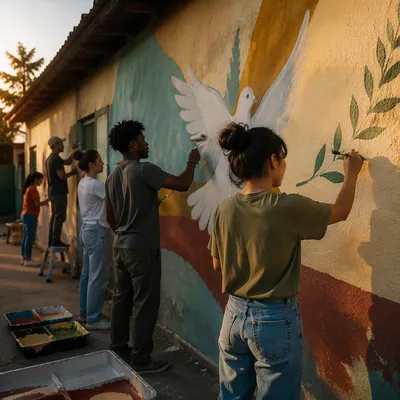 Volunteers Painting Hopeful Community Outreach Wall