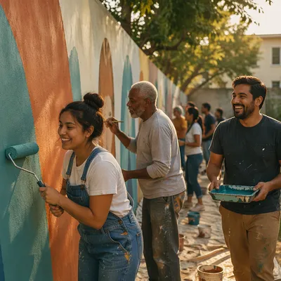 Volunteers Painting Community Wall at Golden Hour