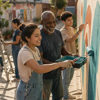 Volunteers Painting Community Wall in Sunlight