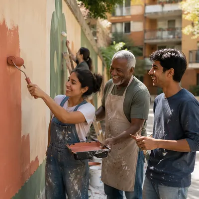 Neighbors Repainting Community Wall on Spring Morning