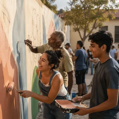Volunteers Painting Community Wall in Sunlight