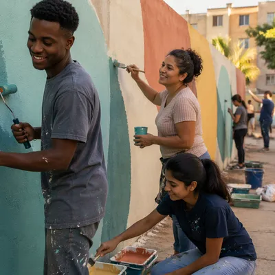 Volunteers Painting Community Wall Together