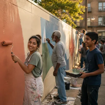 Volunteers Painting Community Wall in Courtyard