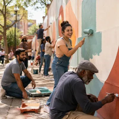 Volunteers Painting Community Wall in Courtyard