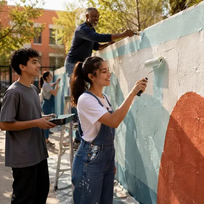 Volunteers Painting Community Wall in Sunlight