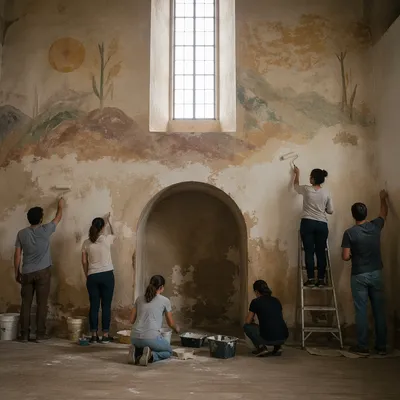 Volunteers Restoring a Rustic Community Hall Wall