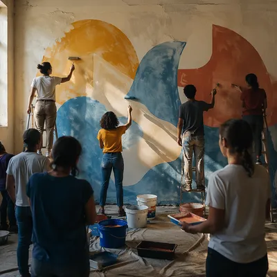 Community Volunteers Painting Hopeful Hall Mural