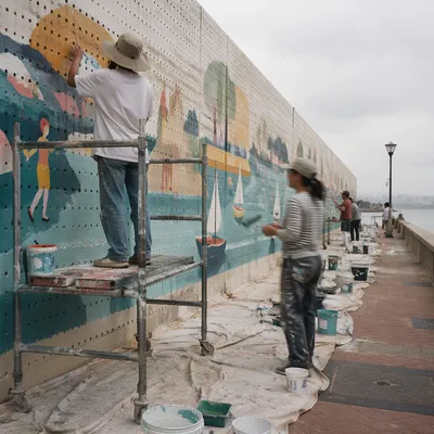 Community Volunteers Painting Waterfront Mural