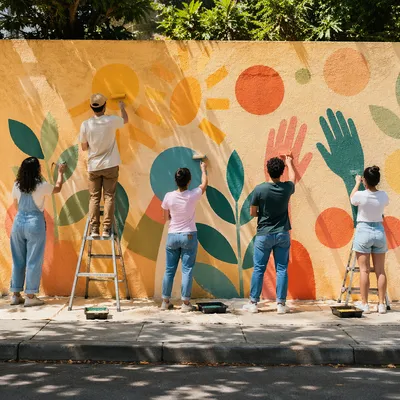 Volunteers Painting a Colorful Community Mural