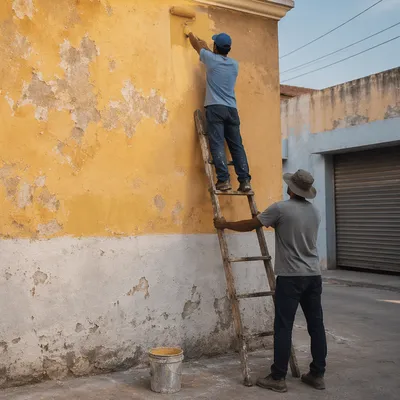 Volunteers Repainting a Weathered Community Wall