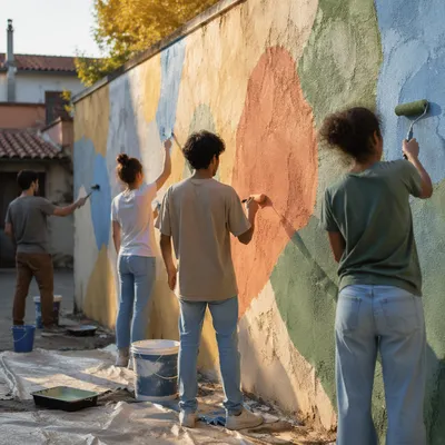 Volunteers Painting a Hopeful Community Mural