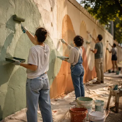 Volunteers Painting a Community Wall Together