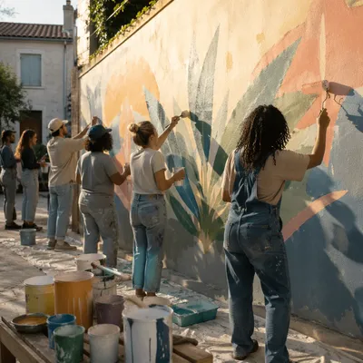 Volunteers Painting Hopeful Community Mural Together