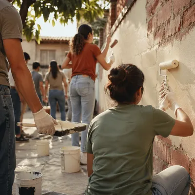 Volunteers Painting a Community Wall Together
