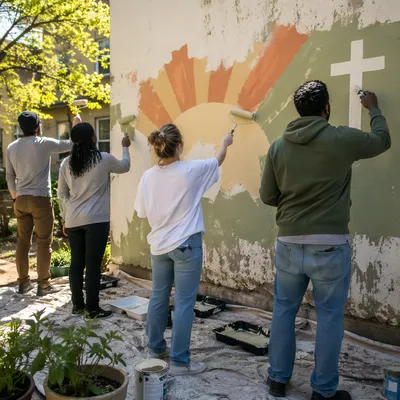 Church Volunteers Painting Hopeful Community Mural