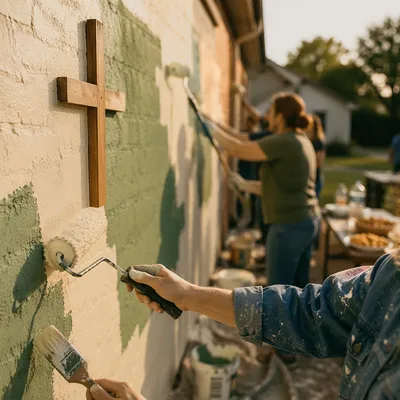 Volunteers Painting Fellowship Hall Wall Together