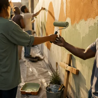 Volunteers Painting Community Wall Together