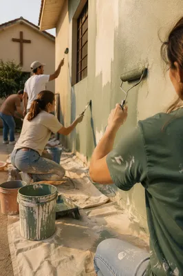 Volunteers Painting Chapel Wall Together
