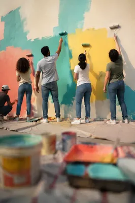 Volunteers Painting a Neighborhood Mural Together