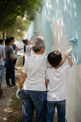 Volunteers Painting Neighborhood Wall Together