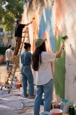 Volunteers Painting a Community Mural Together
