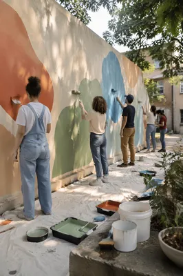 Volunteers Painting a Community Mural Together