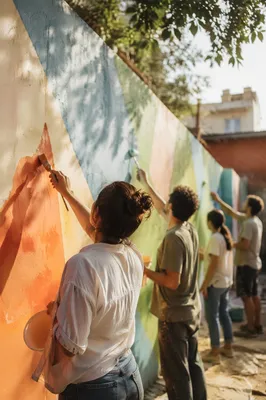 Volunteers Painting Community Wall at Sunset