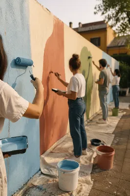 Volunteers Painting Community Wall at Sunset