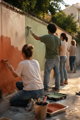 Volunteers Painting Community Wall at Sunset