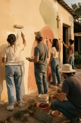 Volunteers Painting Community Wall in Afternoon Light