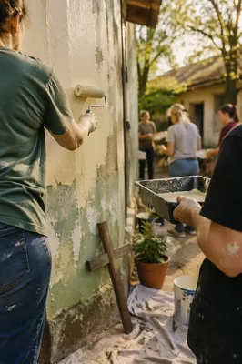 Volunteers Painting Community Wall in Morning Light