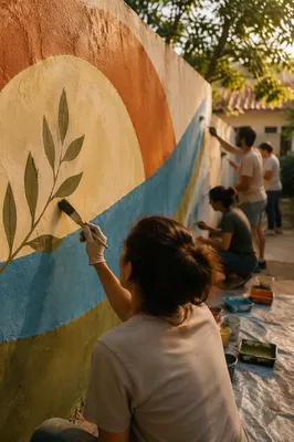 Volunteers Painting Hopeful Community Mural Together