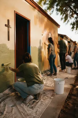Volunteers Painting Community Wall in Warm Light