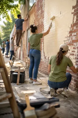 Church Volunteers Painting Community Center Wall