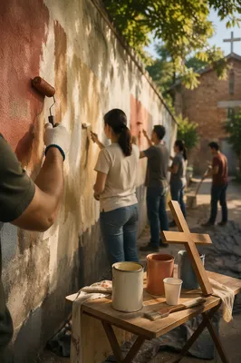 Church Volunteers Painting Community Wall Together