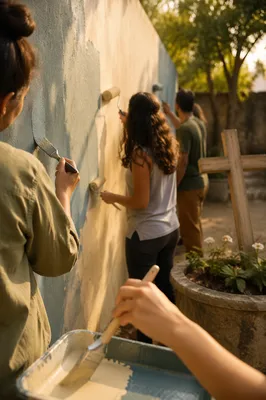 Volunteers Painting Community Wall in Warm Light