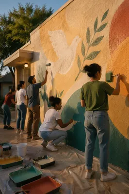 Volunteers Painting Hopeful Community Wall Mural