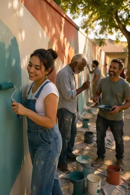 Volunteers Painting Community Wall at Golden Hour