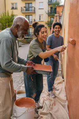 Neighbors Repainting Community Wall in Courtyard