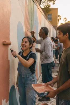 Volunteers Painting Community Wall Together