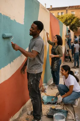 Volunteers Painting Community Wall in Courtyard