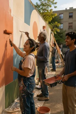 Volunteers Painting Community Wall in Sunlight