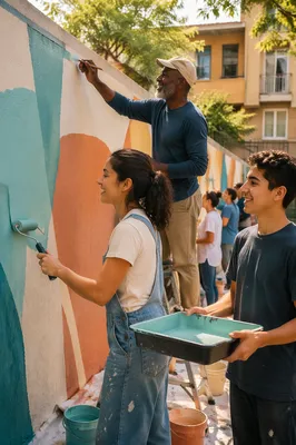 Volunteers Painting Community Wall in Courtyard