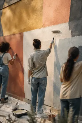 Community Volunteers Painting a Neighborhood Wall