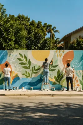 Volunteers Painting a Vibrant Community Mural